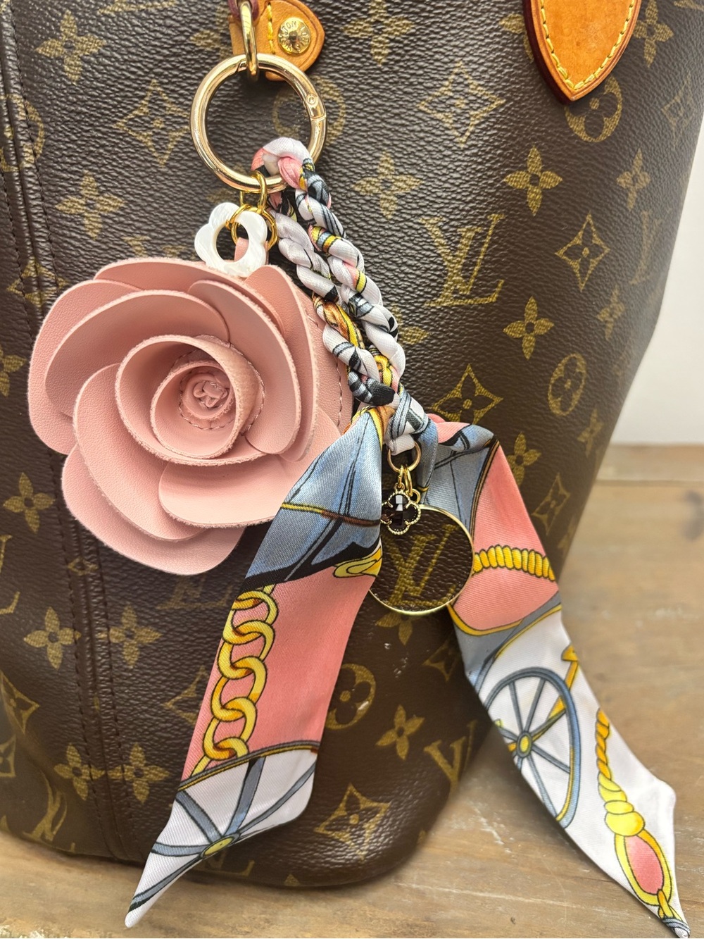 Louis Vuitton Monogram Bag charm, pink camellia flower & twilly, 8 in. Upcycled